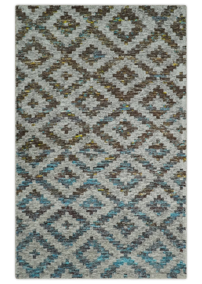 Hand Knotted 5x8 Gray, Blue and Brown Modern Geometric Contemporary Recycled Silk Area Rug | OP85 - The Rug Decor