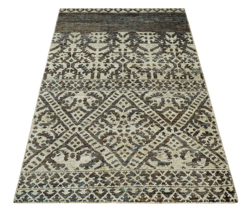 Hand Knotted 5x8 Ivory and Brown Antique Persian Style Contemporary Recycled Silk Area Rug | OP82 - The Rug Decor