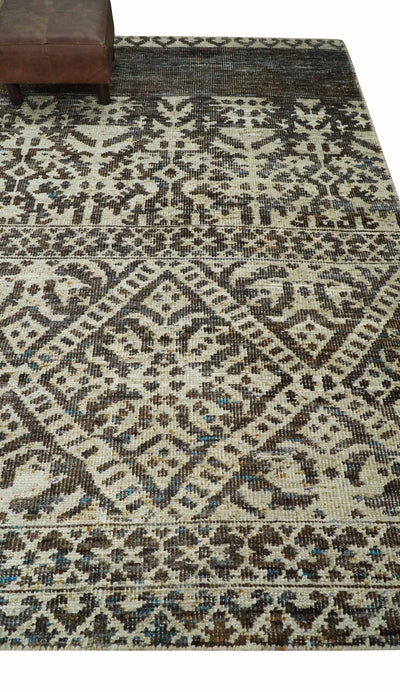 Hand Knotted 5x8 Ivory and Brown Antique Persian Style Contemporary Recycled Silk Area Rug | OP82 - The Rug Decor