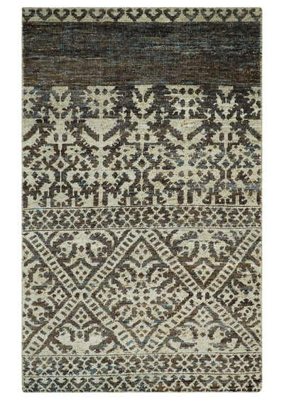 Hand Knotted 5x8 Ivory and Brown Antique Persian Style Contemporary Recycled Silk Area Rug | OP82 - The Rug Decor