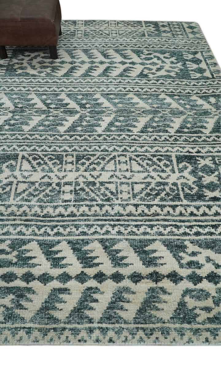 Hand Knotted 5x8 Ivory and Teal Modern Persian Style Contemporary Recycled Silk Area Rug | OP113 - The Rug Decor