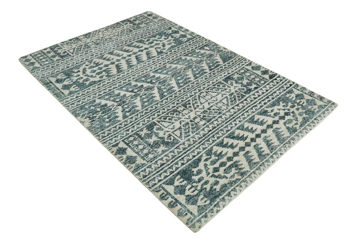 Hand Knotted 5x8 Ivory and Teal Modern Persian Style Contemporary Recycled Silk Area Rug | OP113 - The Rug Decor