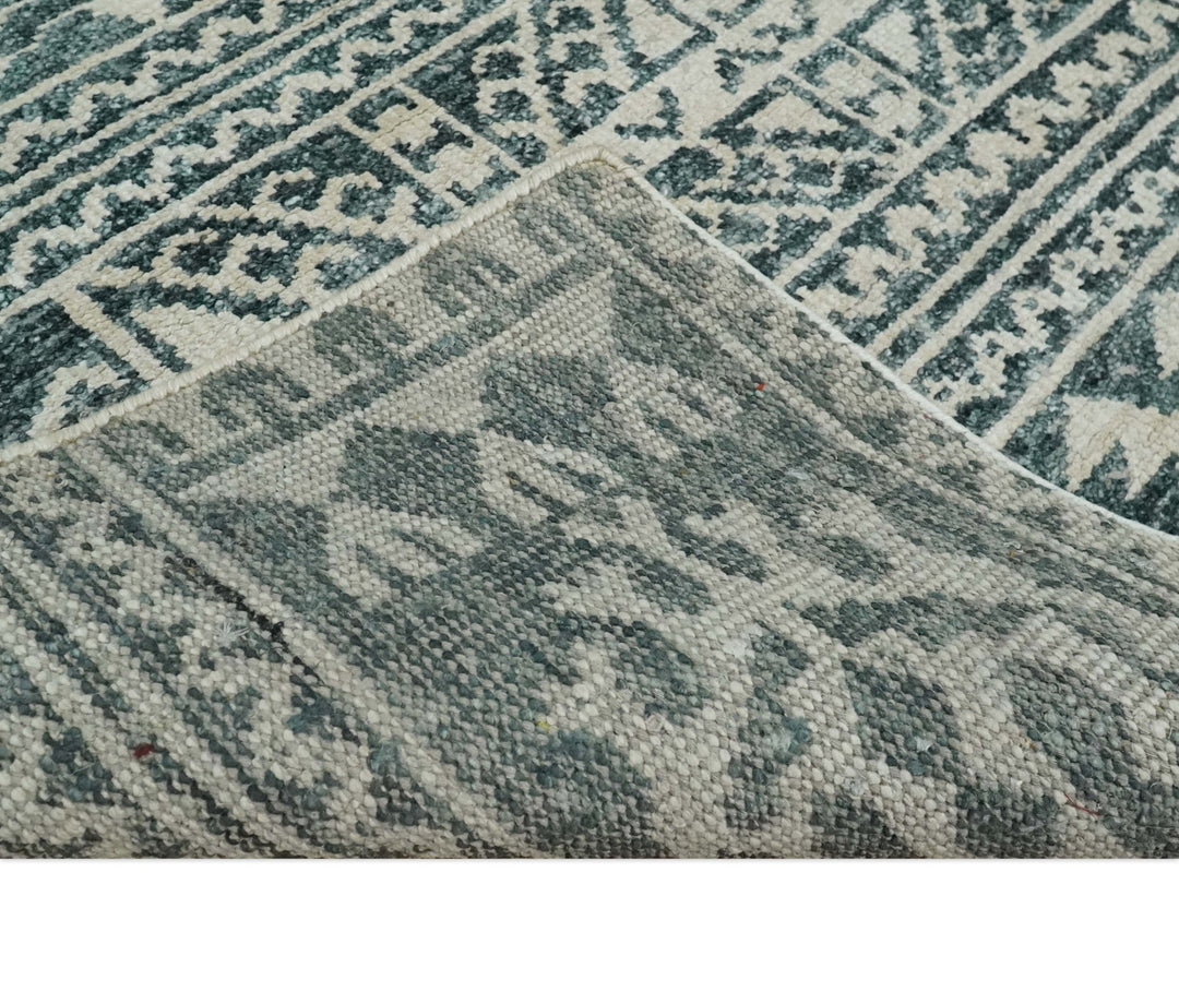 Hand Knotted 5x8 Ivory and Teal Modern Persian Style Contemporary Recycled Silk Area Rug | OP113 - The Rug Decor