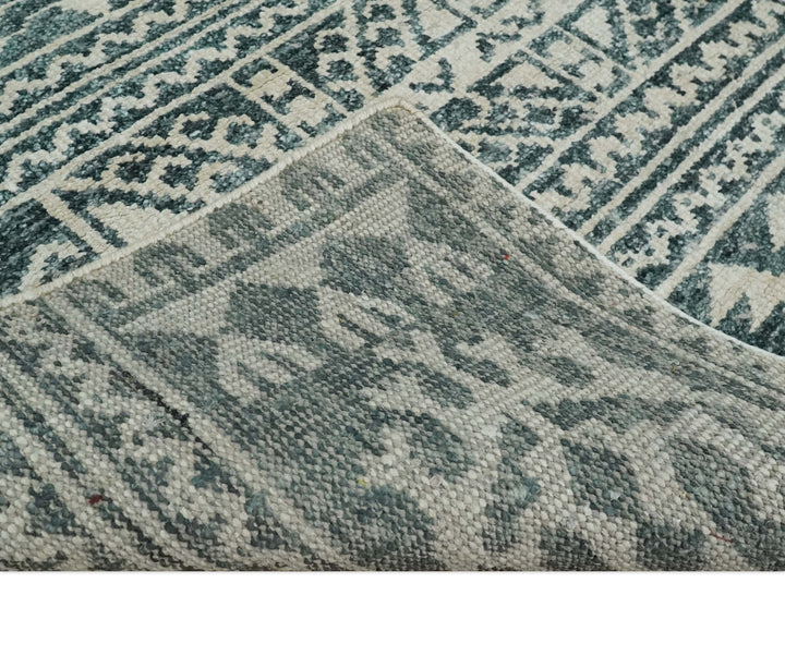 Hand Knotted 5x8 Ivory and Teal Modern Persian Style Contemporary Recycled Silk Area Rug | OP113 - The Rug Decor