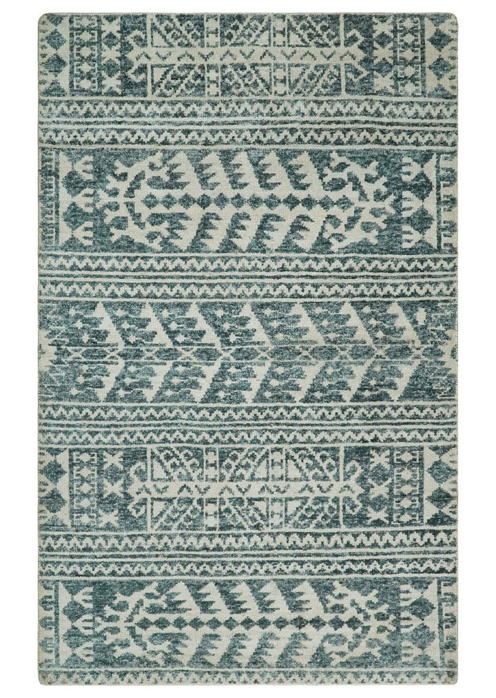 Hand Knotted 5x8 Ivory and Teal Modern Persian Style Contemporary Recycled Silk Area Rug | OP113 - The Rug Decor