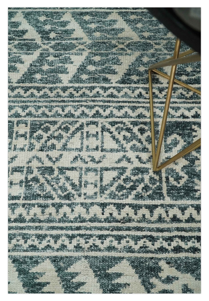 Hand Knotted 5x8 Ivory and Teal Modern Persian Style Contemporary Recycled Silk Area Rug | OP113 - The Rug Decor