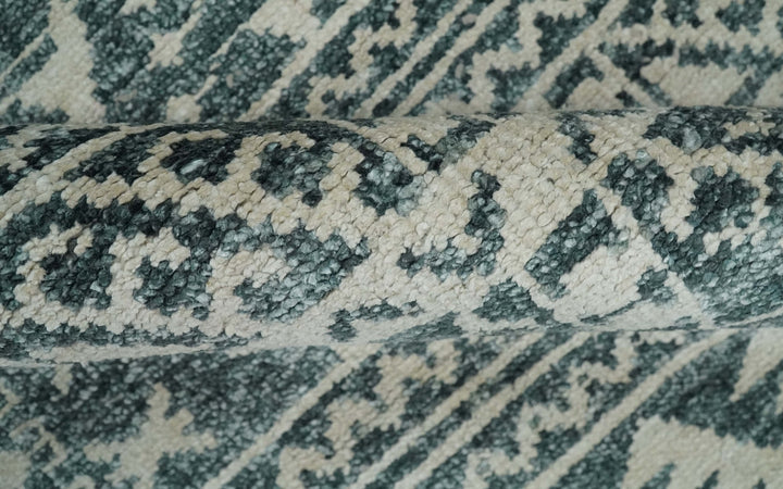 Hand Knotted 5x8 Ivory and Teal Modern Persian Style Contemporary Recycled Silk Area Rug | OP113 - The Rug Decor