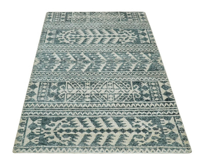 Hand Knotted 5x8 Ivory and Teal Modern Persian Style Contemporary Recycled Silk Area Rug | OP113 - The Rug Decor