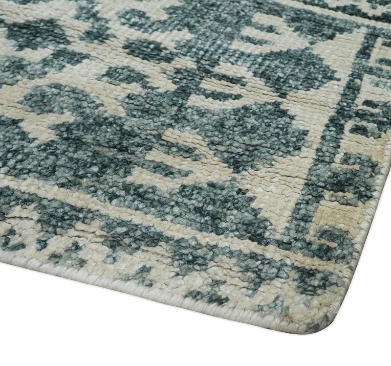 Hand Knotted 5x8 Ivory and Teal Modern Persian Style Contemporary Recycled Silk Area Rug | OP113 - The Rug Decor