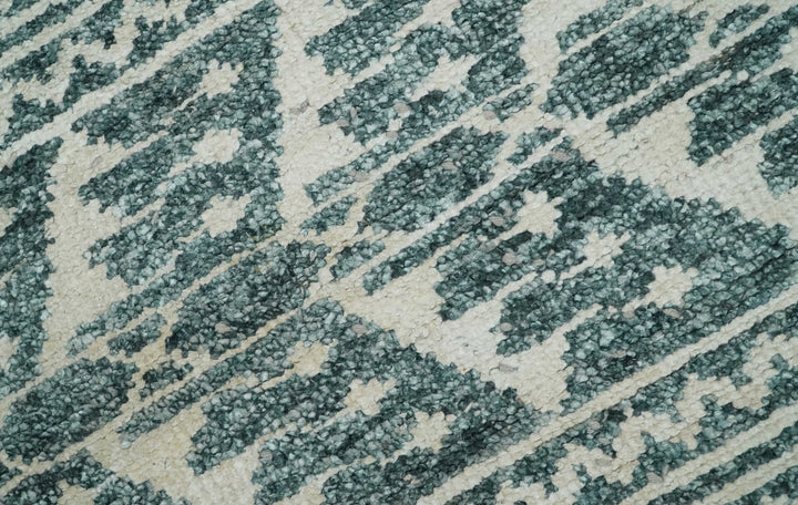 Hand Knotted 5x8 Ivory and Teal Modern Persian Style Contemporary Recycled Silk Area Rug | OP113 - The Rug Decor