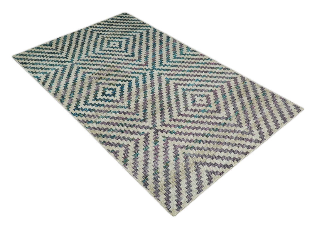 Hand Knotted 5x8 Ivory, Blue and Purple Antique Persian Geometric Style Contemporary Bamboo Silk Area Rug | OP125 - The Rug Decor