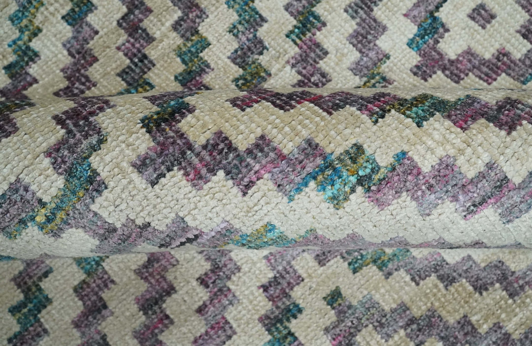 Hand Knotted 5x8 Ivory, Blue and Purple Antique Persian Geometric Style Contemporary Bamboo Silk Area Rug | OP125 - The Rug Decor