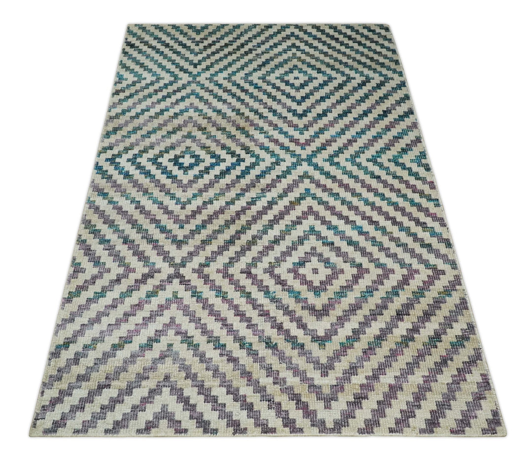 Hand Knotted 5x8 Ivory, Blue and Purple Antique Persian Geometric Style Contemporary Bamboo Silk Area Rug | OP125 - The Rug Decor
