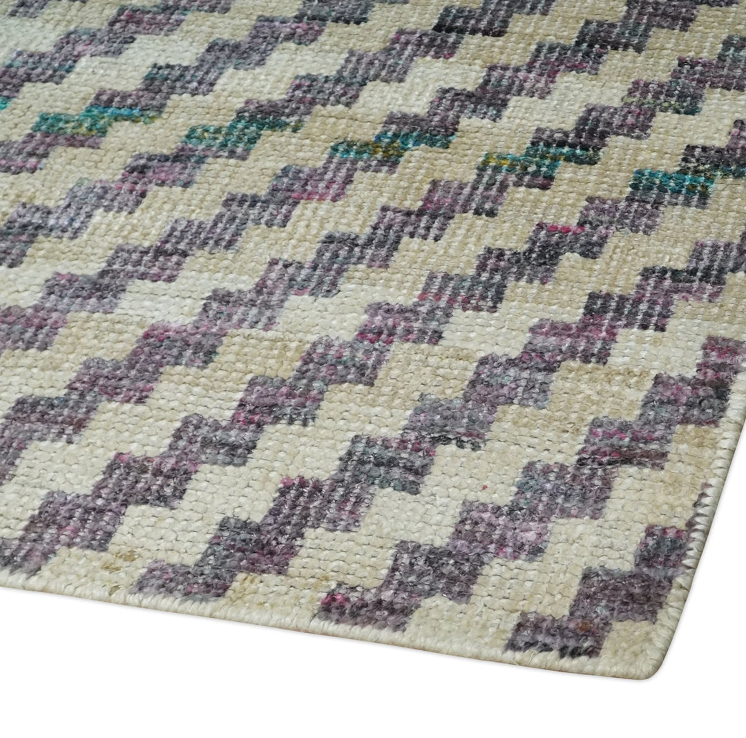 Hand Knotted 5x8 Ivory, Blue and Purple Antique Persian Geometric Style Contemporary Bamboo Silk Area Rug | OP125 - The Rug Decor
