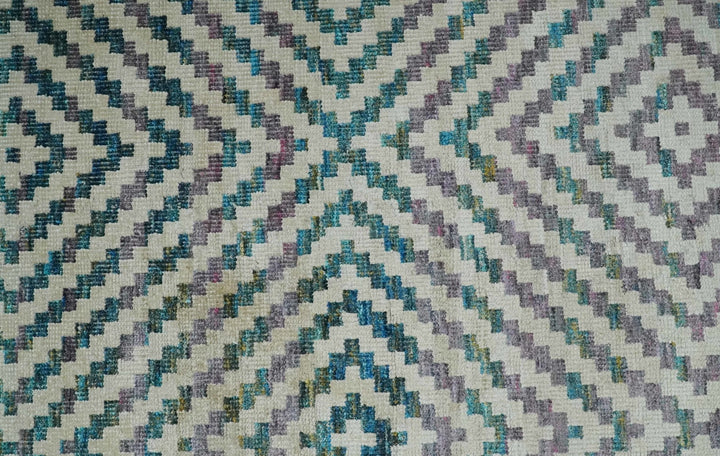 Hand Knotted 5x8 Ivory, Blue and Purple Antique Persian Geometric Style Contemporary Bamboo Silk Area Rug | OP125 - The Rug Decor
