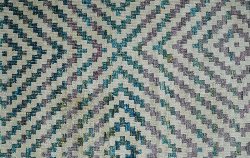 Hand Knotted 5x8 Ivory, Blue and Purple Antique Persian Geometric Style Contemporary Bamboo Silk Area Rug | OP125 - The Rug Decor