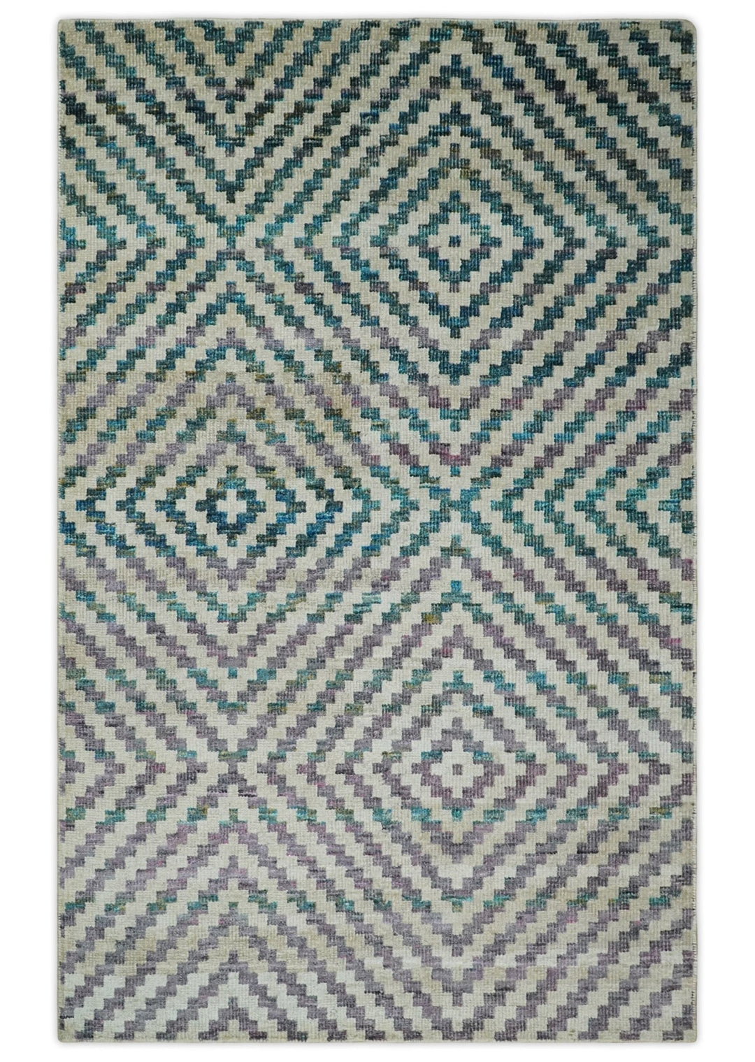 Hand Knotted 5x8 Ivory, Blue and Purple Antique Persian Geometric Style Contemporary Bamboo Silk Area Rug | OP125 - The Rug Decor