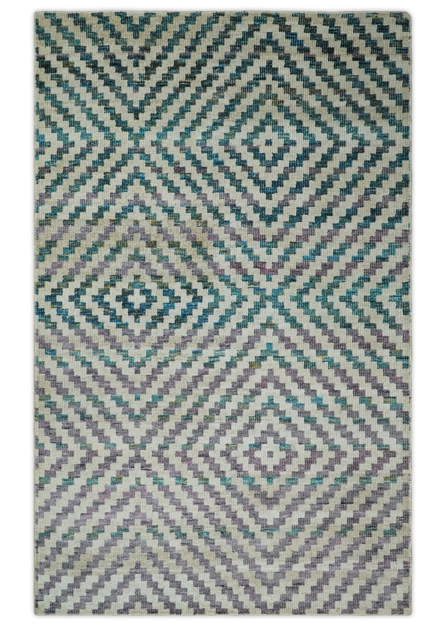 Hand Knotted 5x8 Ivory, Blue and Purple Antique Persian Geometric Style Contemporary Bamboo Silk Area Rug | OP125 - The Rug Decor