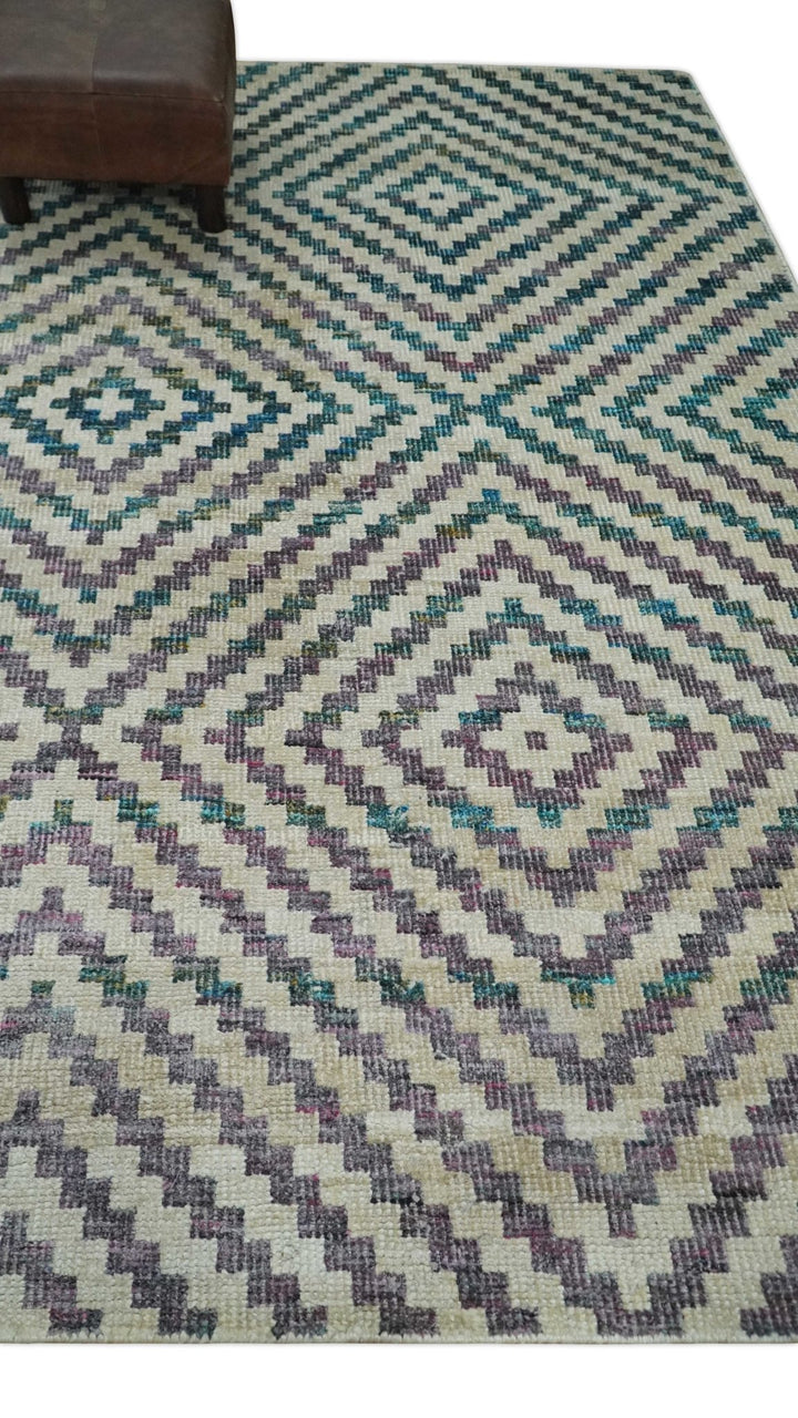 Hand Knotted 5x8 Ivory, Blue and Purple Antique Persian Geometric Style Contemporary Bamboo Silk Area Rug | OP125 - The Rug Decor