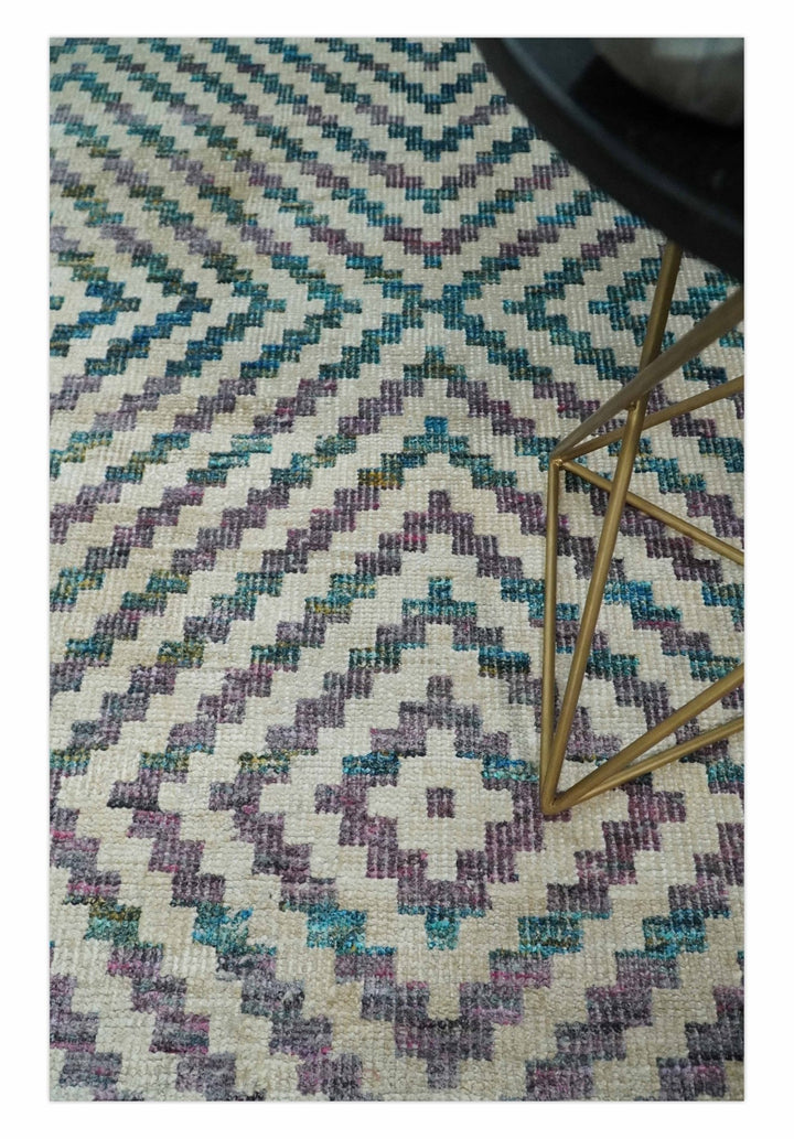 Hand Knotted 5x8 Ivory, Blue and Purple Antique Persian Geometric Style Contemporary Bamboo Silk Area Rug | OP125 - The Rug Decor