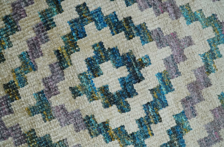 Hand Knotted 5x8 Ivory, Blue and Purple Antique Persian Geometric Style Contemporary Bamboo Silk Area Rug | OP125 - The Rug Decor
