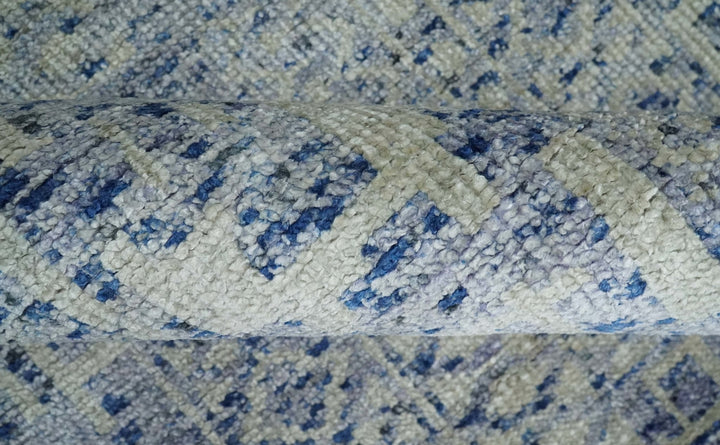 Hand Knotted 5x8 Ivory, Purple and Blue Modern Contemporary Southwestern Tribal Trellis Recycled Silk Area Rug | OP104 - The Rug Decor