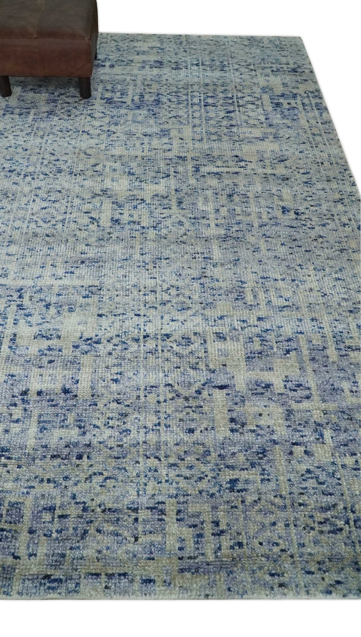Hand Knotted 5x8 Ivory, Purple and Blue Modern Contemporary Southwestern Tribal Trellis Recycled Silk Area Rug | OP104 - The Rug Decor