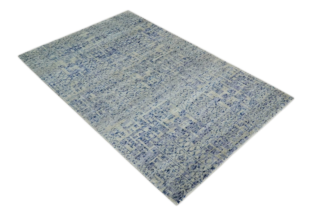 Hand Knotted 5x8 Ivory, Purple and Blue Modern Contemporary Southwestern Tribal Trellis Recycled Silk Area Rug | OP104 - The Rug Decor