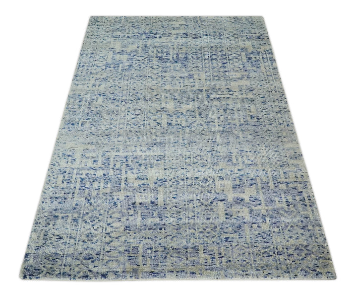 Hand Knotted 5x8 Ivory, Purple and Blue Modern Contemporary Southwestern Tribal Trellis Recycled Silk Area Rug | OP104 - The Rug Decor