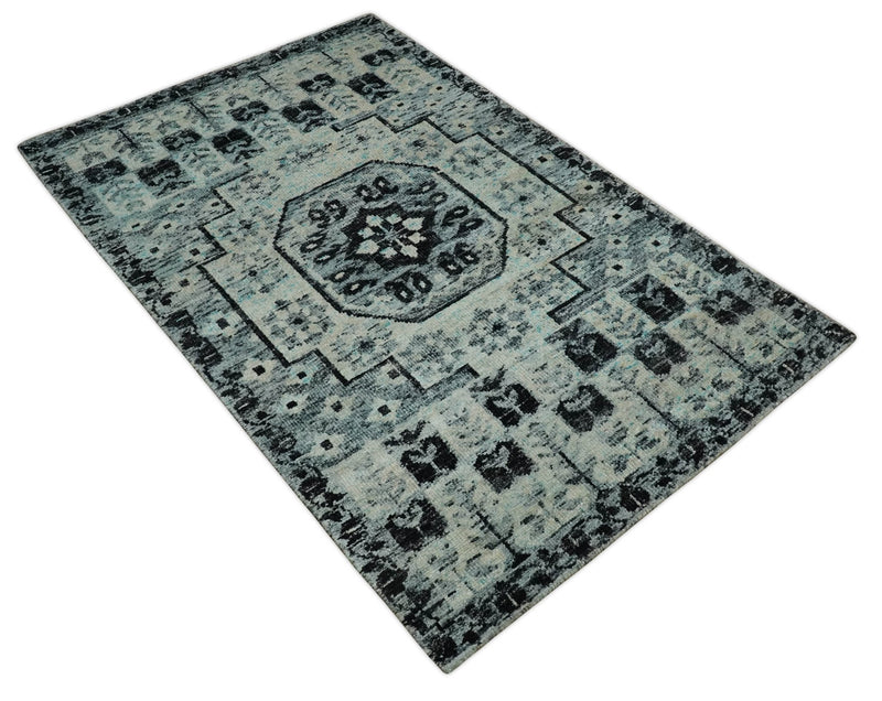 Hand Knotted 5x8 Ivory, Silver and Black Antique Persian Geometric Style Contemporary Bamboo Silk Area Rug | OP110 - The Rug Decor