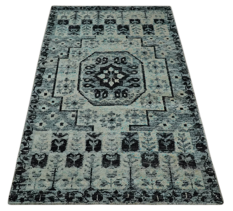 Hand Knotted 5x8 Ivory, Silver and Black Antique Persian Geometric Style Contemporary Bamboo Silk Area Rug | OP110 - The Rug Decor