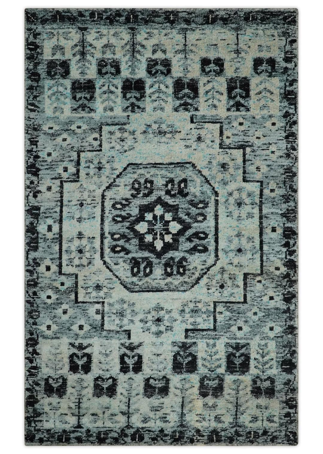Hand Knotted 5x8 Ivory, Silver and Black Antique Persian Geometric Style Contemporary Bamboo Silk Area Rug | OP110 - The Rug Decor