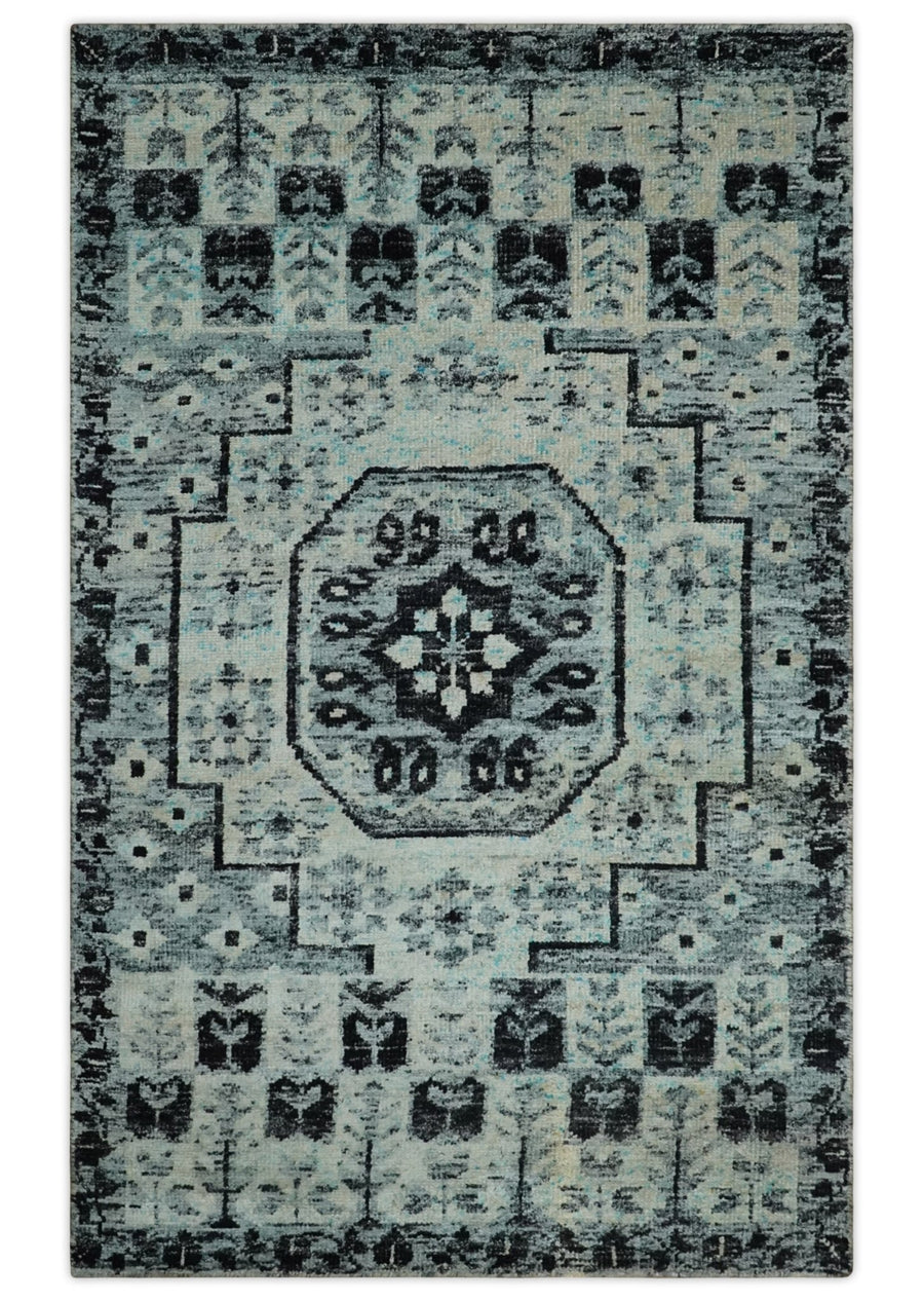 Hand Knotted 5x8 Ivory, Silver and Black Antique Persian Geometric Style Contemporary Bamboo Silk Area Rug | OP110 - The Rug Decor