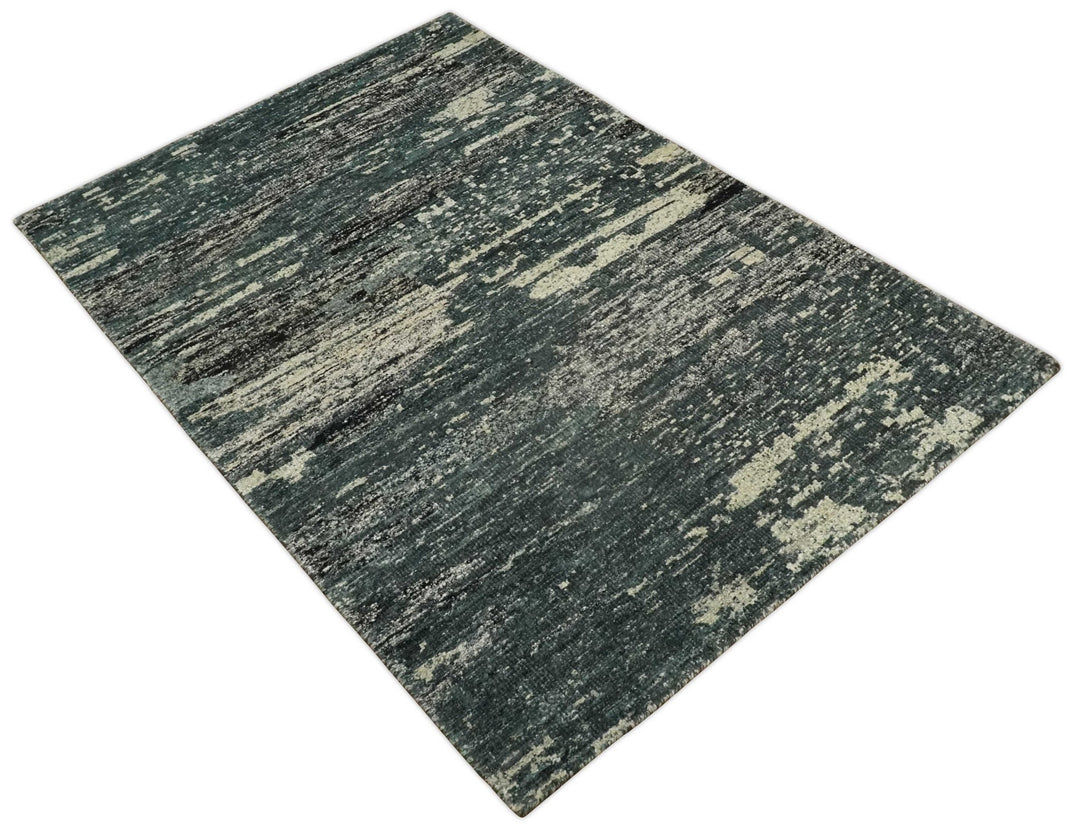 Hand Knotted 5x8 Ivory, Teal and Black Modern Abstract Contemporary Recycled Silk Area Rug | OP74 - The Rug Decor
