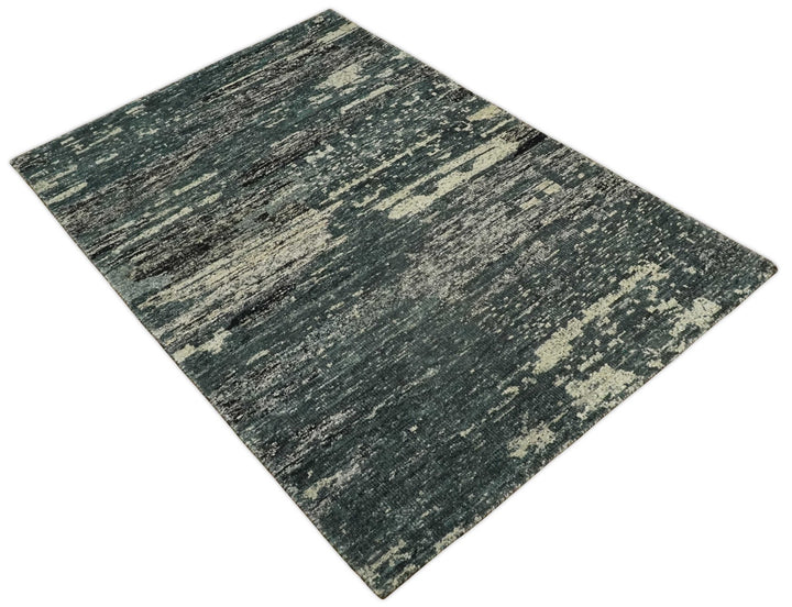 Hand Knotted 5x8 Ivory, Teal and Black Modern Abstract Contemporary Recycled Silk Area Rug | OP74 - The Rug Decor