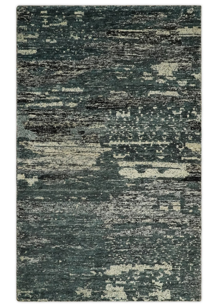 Hand Knotted 5x8 Ivory, Teal and Black Modern Abstract Contemporary Recycled Silk Area Rug | OP74 - The Rug Decor