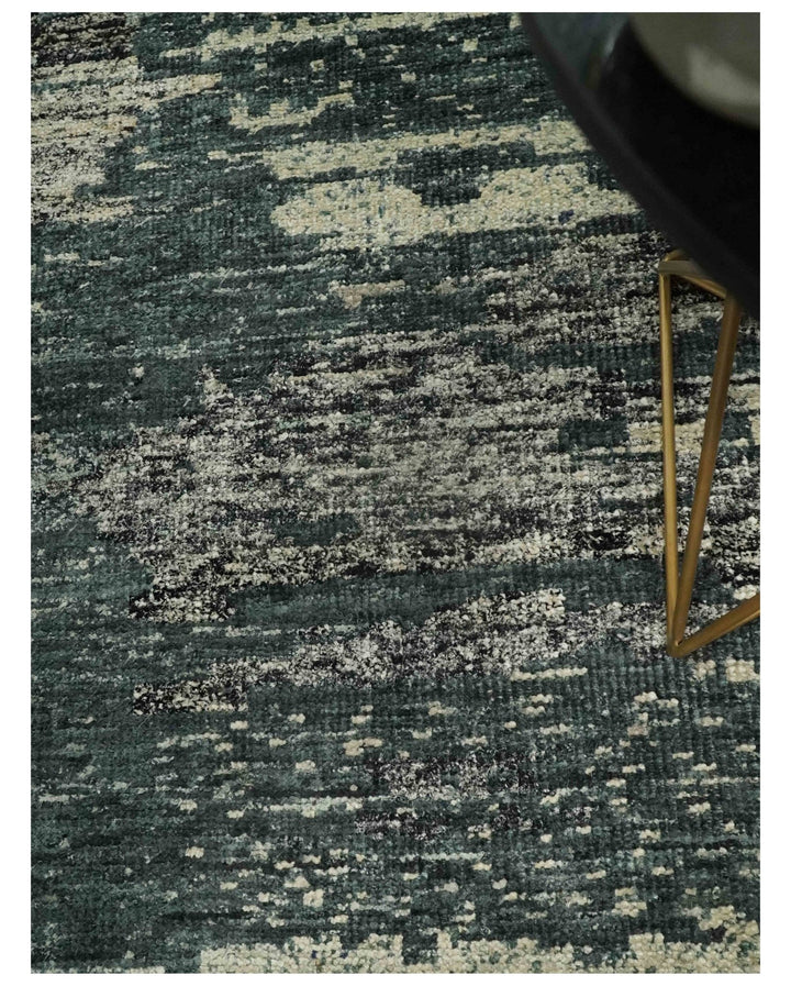 Hand Knotted 5x8 Ivory, Teal and Black Modern Abstract Contemporary Recycled Silk Area Rug | OP74 - The Rug Decor