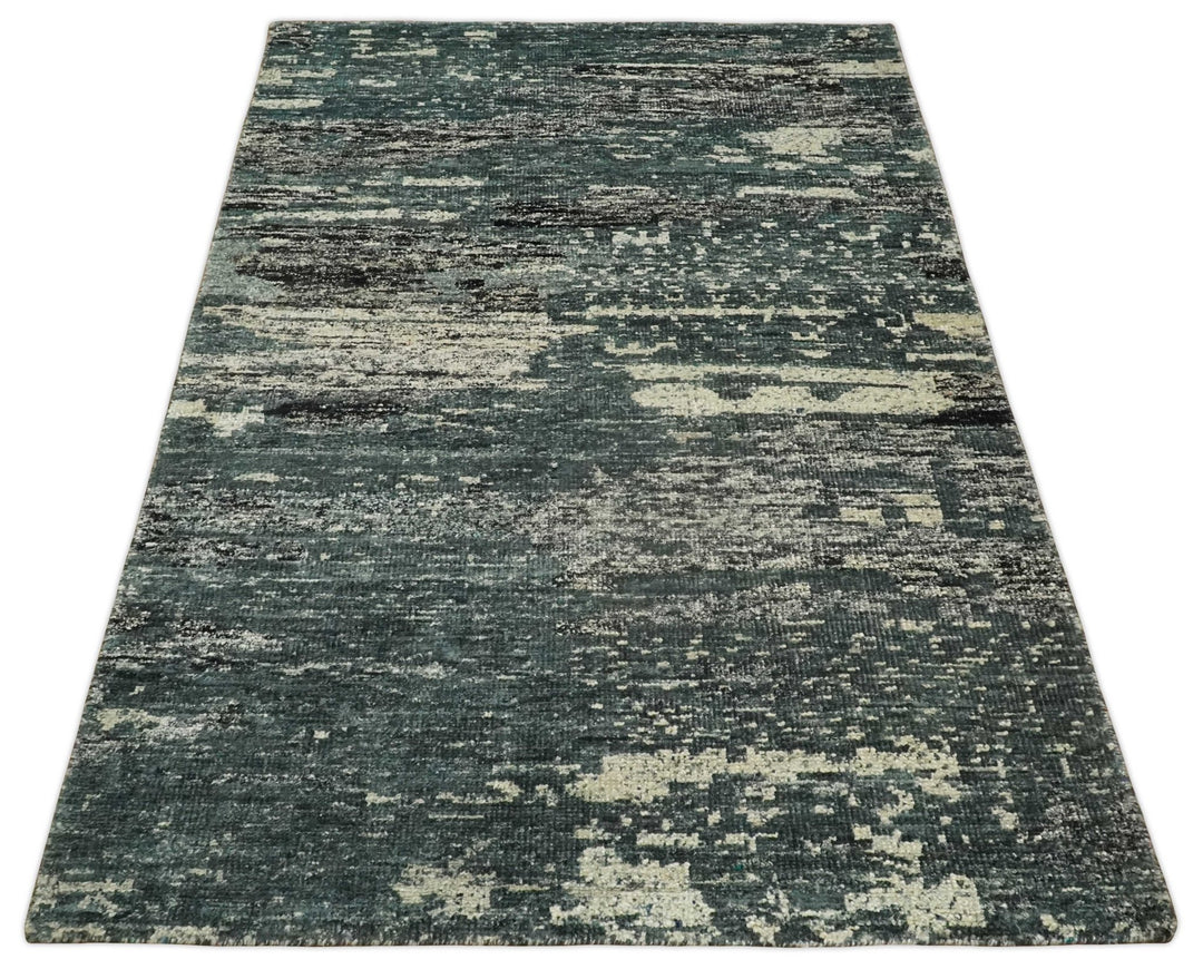 Hand Knotted 5x8 Ivory, Teal and Black Modern Abstract Contemporary Recycled Silk Area Rug | OP74 - The Rug Decor