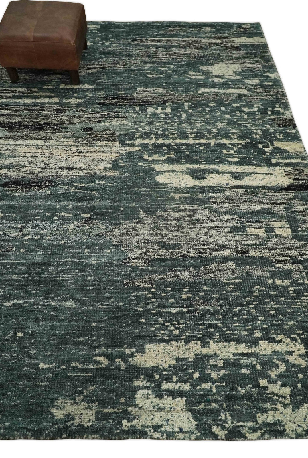 Hand Knotted 5x8 Ivory, Teal and Black Modern Abstract Contemporary Recycled Silk Area Rug | OP74 - The Rug Decor