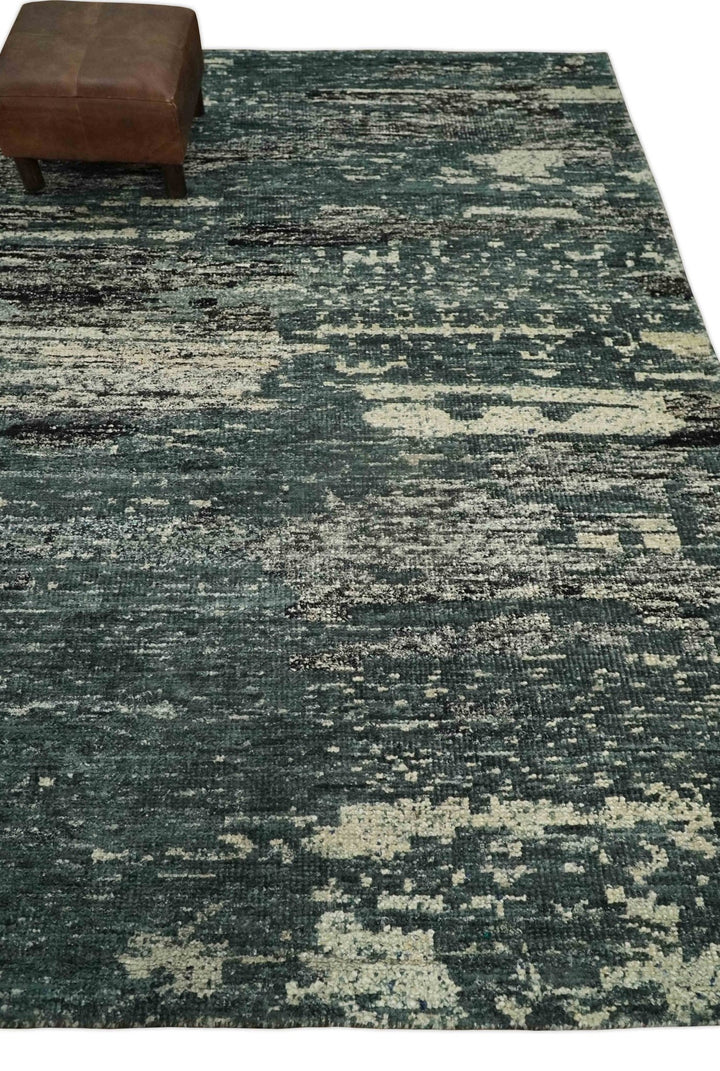 Hand Knotted 5x8 Ivory, Teal and Black Modern Abstract Contemporary Recycled Silk Area Rug | OP74 - The Rug Decor