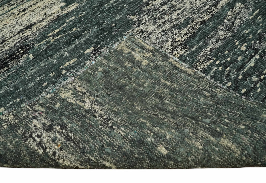 Hand Knotted 5x8 Ivory, Teal and Black Modern Abstract Contemporary Recycled Silk Area Rug | OP74 - The Rug Decor