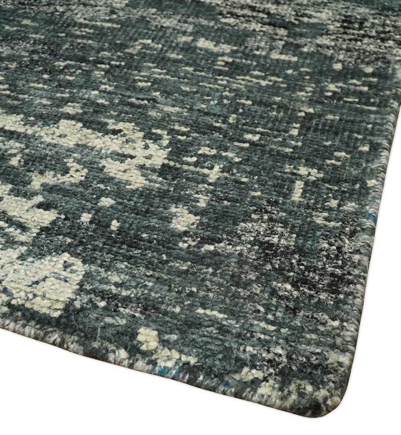 Hand Knotted 5x8 Ivory, Teal and Black Modern Abstract Contemporary Recycled Silk Area Rug | OP74 - The Rug Decor