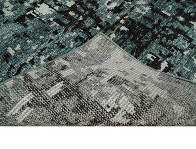 Hand Knotted 5x8 Ivory, Teal and Black Modern Abstract Contemporary Recycled Silk Area Rug | OP91 - The Rug Decor