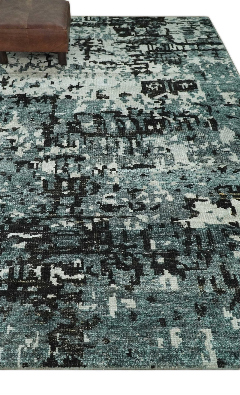 Hand Knotted 5x8 Ivory, Teal and Black Modern Abstract Contemporary Recycled Silk Area Rug | OP91 - The Rug Decor