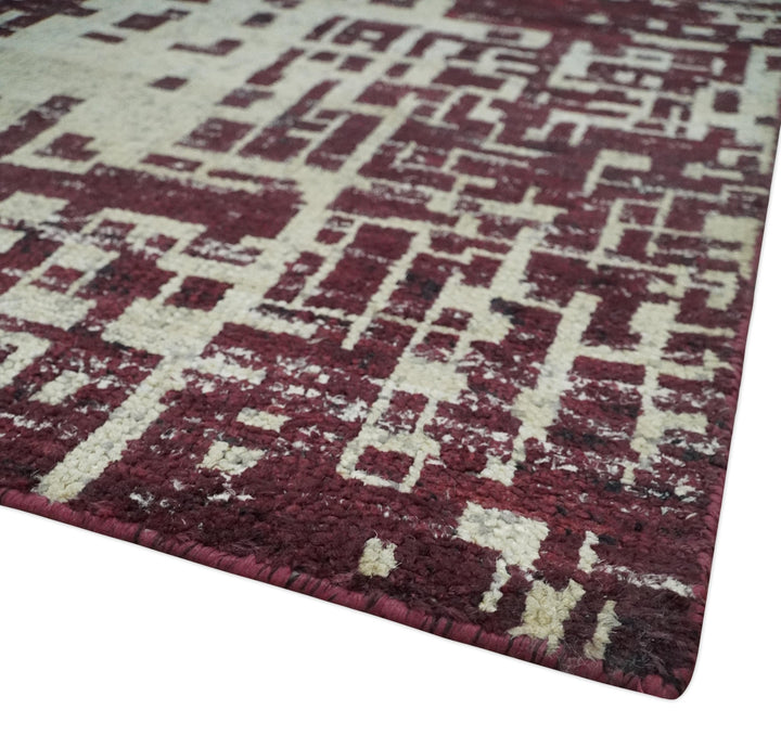 Hand Knotted 5x8 Maroon and Ivory Modern Abstract Contemporary Recycled Silk Area Rug - The Rug Decor