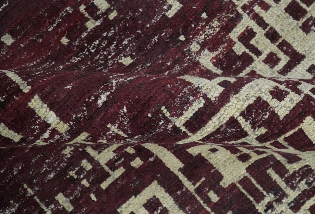 Hand Knotted 5x8 Maroon and Ivory Modern Abstract Contemporary Recycled Silk Area Rug - The Rug Decor