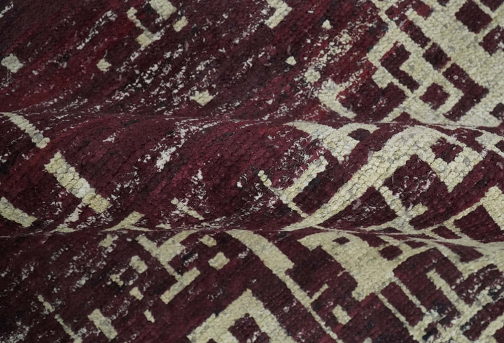 Hand Knotted 5x8 Maroon and Ivory Modern Abstract Contemporary Recycled Silk Area Rug - The Rug Decor