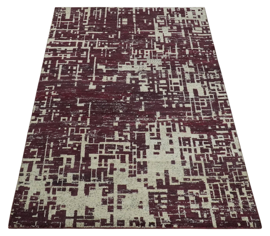 Hand Knotted 5x8 Maroon and Ivory Modern Abstract Contemporary Recycled Silk Area Rug - The Rug Decor