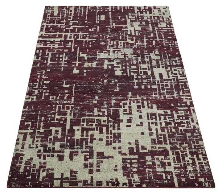 Hand Knotted 5x8 Maroon and Ivory Modern Abstract Contemporary Recycled Silk Area Rug - The Rug Decor