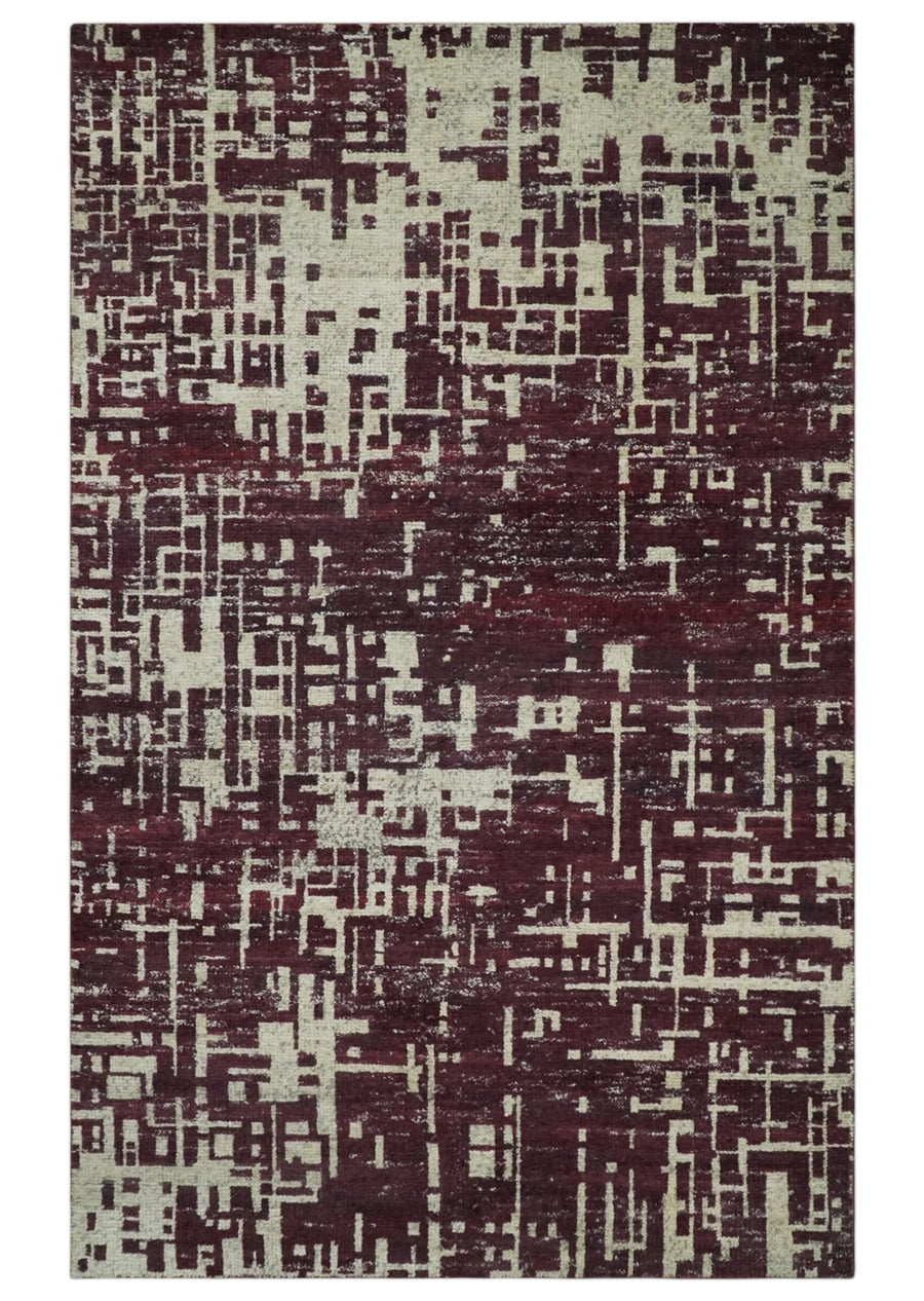 Hand Knotted 5x8 Maroon and Ivory Modern Abstract Contemporary Recycled Silk Area Rug - The Rug Decor